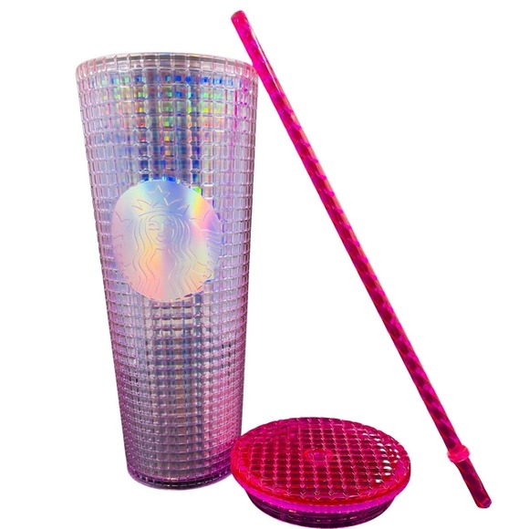 NWT Starbucks Iridescent Bubblegum Grid Venti Cold Cup - Pink Silver - 24 oz - Picture 5 of 7